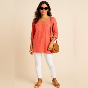 Ellen Tracy 100% linen top roll-tab sleeve zip breathable Lagenlook boho Beachy